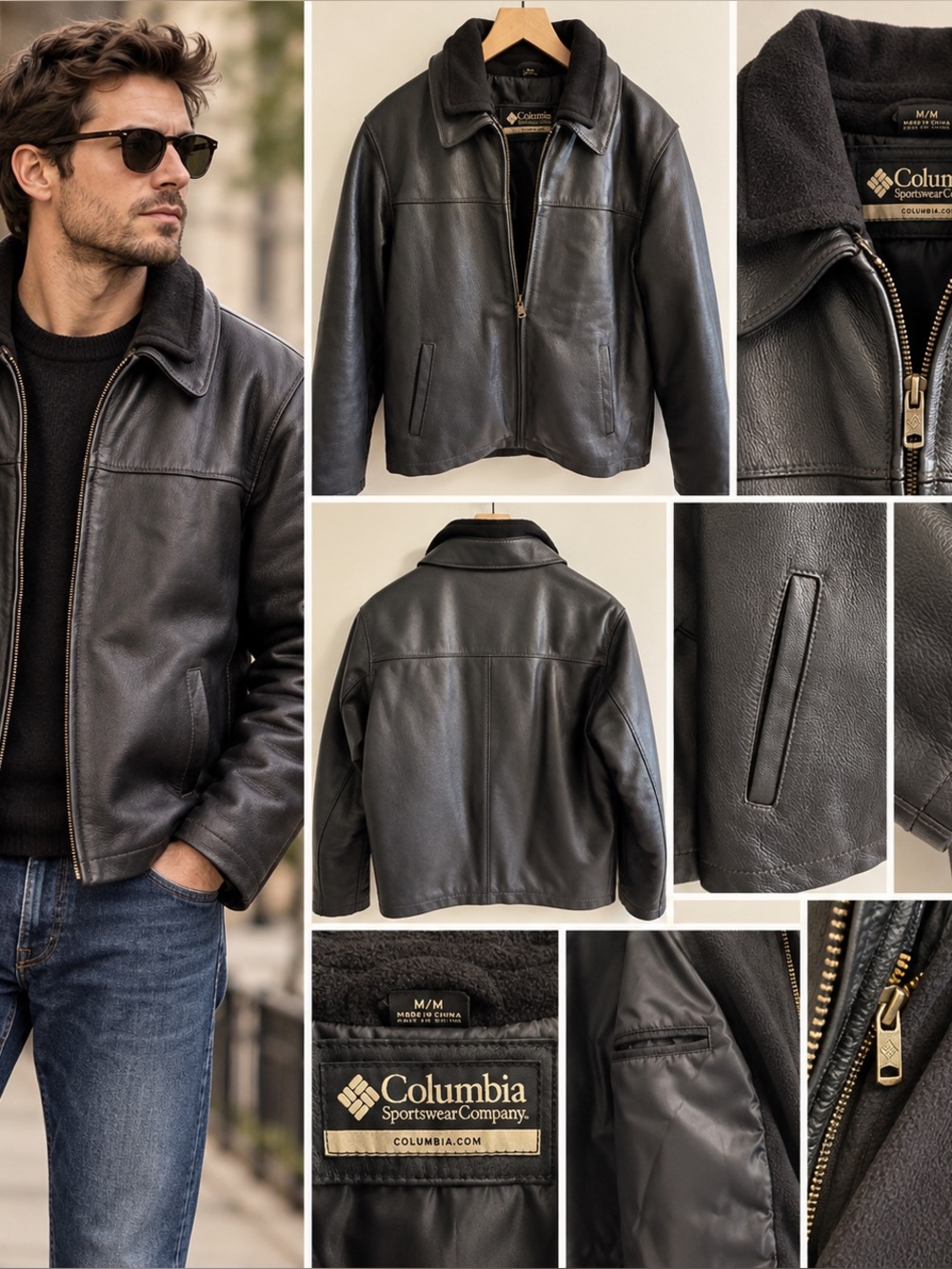 Vintage Columbia Black Leather Jacket Men’s M Removable Fleece Liner